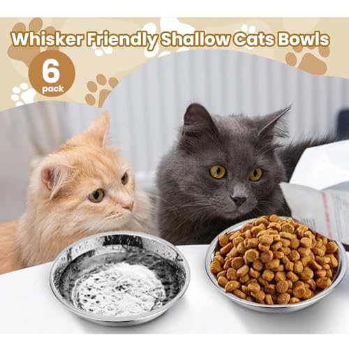 6 Pack Stainless Steel Cat Bowls, 7 inch Wide Metal Cat Bowl for Food and Water, Whisker Fatigue Friendly Shallow Cats Dishes for Indoor Kitten Puppy Dog