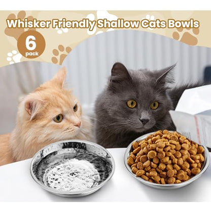 6 Pack Stainless Steel Cat Bowls, 7 inch Wide Metal Cat Bowl for Food and Water, Whisker Fatigue Friendly Shallow Cats Dishes for Indoor Kitten Puppy Dog