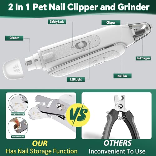 CATPICK 2-in-1 Cat Nail Clippers & Dog Nail Clippers Trimmers for Large Medium Small Dogs Cats Claw Trimmer Quick Sensor and Safety Guard USB Rechargeable with 2 LED Lights Dogs Nail Trimmer - color: White 2th Generation