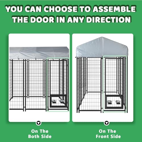 LEMBERI Large Outdoor Dog Kennel 8x4x6 FT, Escape-Proof Dog Run with Double-Latch Gate, Heat-Reflective Sunshade Cover & 2 Stainless Steel Bowls, Heavy Duty Galvanized Steel Dog Cage Enclosure - size: 93.8"L x 50.3"W x 68.8"H
