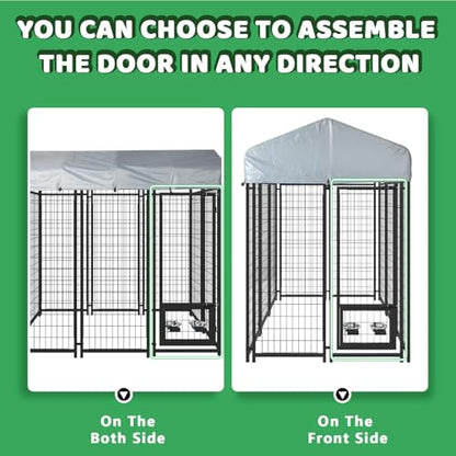 LEMBERI Large Outdoor Dog Kennel 8x4x6 FT, Escape-Proof Dog Run with Double-Latch Gate, Heat-Reflective Sunshade Cover & 2 Stainless Steel Bowls, Heavy Duty Galvanized Steel Dog Cage Enclosure - size: 93.8"L x 50.3"W x 68.8"H