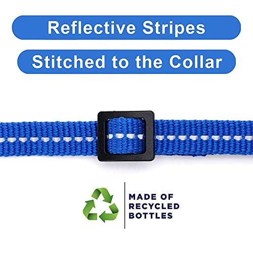 Pawtitas Recycled Blue Reflective Cat Collar – Eco-Friendly Breakaway Safety Buckle, Adjustable Kitten & Adult Collar with Removable Bell and High-Visibility Strap - color: Recycled Blue