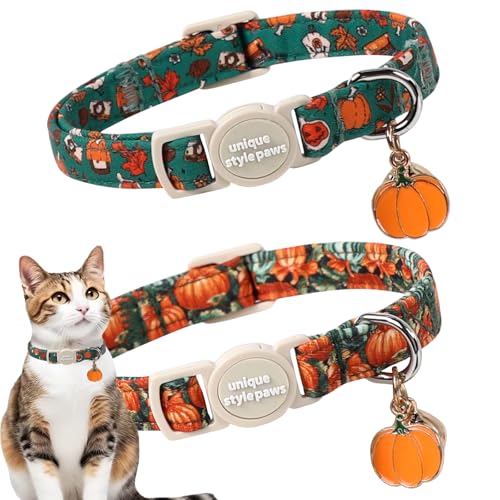 Unique style paws 2 Pack Autumn Halloween Kitten Collar Breakaway with Bell&Pendant, Adjustable Safety Oil Painting Pumpkin Party Cat Cotton Collar for Girl Boy Cat and Small Pet - color: Oil Pumpkin Party