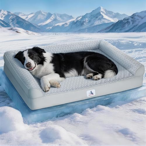Cooling Dog Bed with PCM, Instant Chill Pet Sofa for Small Dogs, Orthopedic Egg Crate Foam with Bolster Sides, Washable & Waterproof Dog Couch, Non-Slip Bottom, Grey 36"x27"x6.5" - color: Frosted Grey, size: 36x27x6.5inch