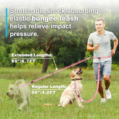 Laqibak Hands Free Dog Leash, Adjustable Waist Leash for Dog Walking, Dual Handle Bungee Dog 4.2-6.7 Feet Long with Reflective Stitches for Walking Hiking Running, Fits 26"- 43" Inch Waist, Pink - color: Pink