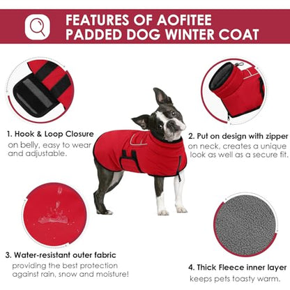 AOFITEE Dog Winter Coat, Waterproof Dog Jacket, Dog Coat with Harness Hole, Warm Fleece Dog Puffer Jacket, Reflective Windproof Dog Snowsuit for Small Medium Large Dogs, Dachshund, French Bulldog, M - color: Red, size: Medium