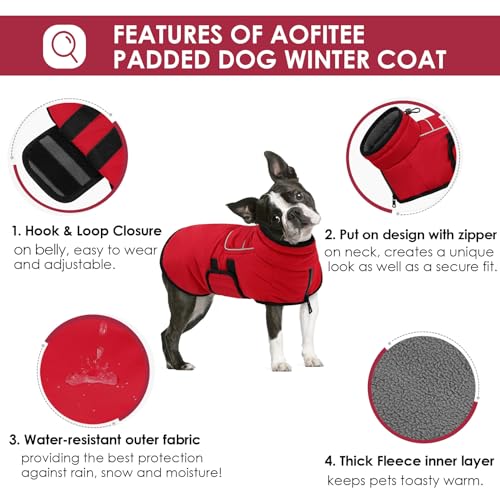 AOFITEE Winter Coat, Waterproof Jacket With Harness Hole, Warm Fleece Puffer Jacket, Reflective Windproof Snowsuit for Small Medium Large Dogs, Dachshund, French Bulldog, L - color: Red, size: Large