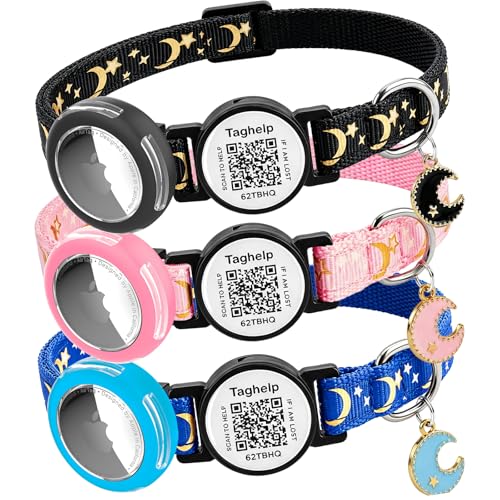 3 Pack Breakaway Cat Collars with Moons Stars - Adjustable Apple Waterproof Airtag Holder for Cats, Safety Buckle for Girl & Boy Pets - Ideal Pet Supplies & Gifts,NO app (Black, Blue, Pink) - color: Stars & Moons - 3 Pack