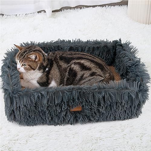 Fluffy Cat Scratcher Bed Box with Removable Cardboard, Corrugated Board Rectangular Cat Scratching Bed Lounge, Pet Scratch Pad for Furniture Protection (Dark Gray) - color: Dark Grey