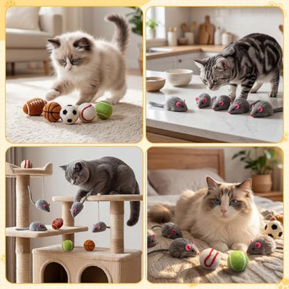 Outus 10 Pcs Cat Toys Bulk Include 5 Furry Mouse & 5 Sport Themed Pom Pom Balls for Cat and Kitty Mice Toys Felt Wool Ball Soft Quiet Interactive Catch Without Catnip for Yard Apartment Indoor Outdoor