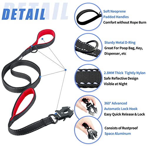 Strong Heavy Duty Dog Leash - 4ft Reflective Nylon Training Leash with Soft Padded Double Handle & Auto Lock Frog Clip - Safety Traffic Control for Large Medium Small Dogs No Pull Walk Black Red,4ft - color: Black Red, size: 4FT x 1" x 2.8MM