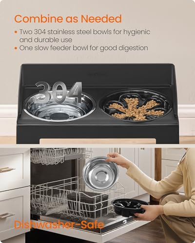 Feandrea Dog Bowls Elevated, Raised Stand with 1 Slow Feeder and Two 304 Stainless Steel Bowls, Adjustable Height and Tilted Design, Ink Black UPRB103B01 - color: Ink Black