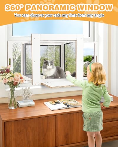 Cat Window Box, Wooden Outdoor Catio Window Enclosure with Clear Acrylic Roof & Bug-Proof Mesh, Universal Cat Window Perch with PVC Curtain for Sunbathing & Napping, Fits Vertical Windows 25"–43" W