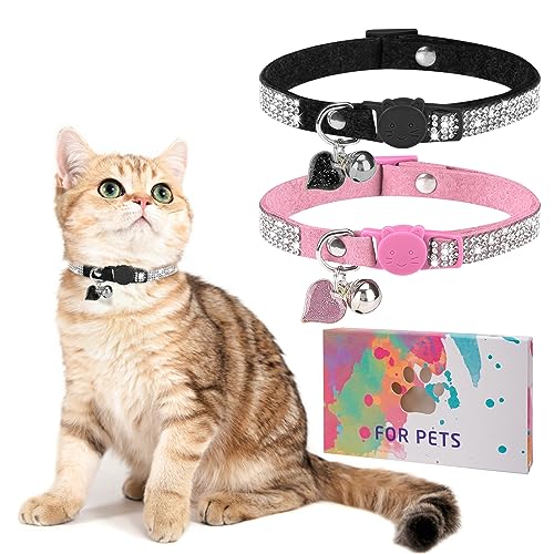 Rhinestone Cat Collar Breakaway with Bell, Diamond Cat Collar with Safety Buckle Quick Release for Girl Boy Small Kitten Pets Puppy,Cute Soft Female Male Cat Collars, Color Pink & Black 7-9" - color: Pink + Black(2 Pack), size: 7"-9" For Cats