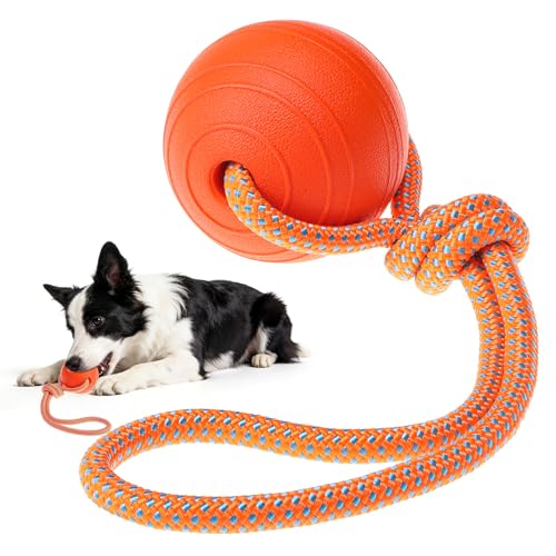 SCENEREAL Floating Dog Pool Toys - Ball on Rope Fetch and Tug-of-War Toy for Medium Large Dogs Outdoor Training, EVA Rubber Water Pet Interactive Toys for Summer Beach, Orange - color: Orange