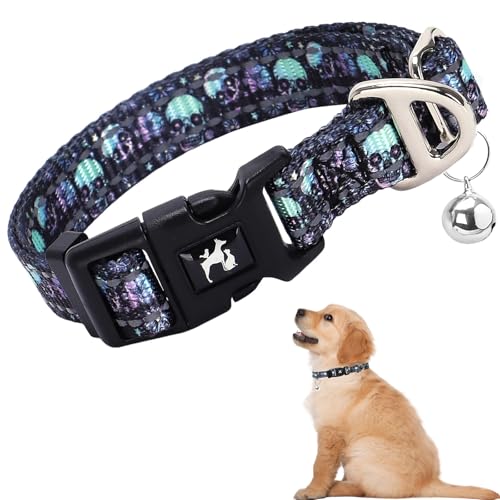Reflective Small Dogs Collar with Bell -Lightweight & Comfortable Soft Nylon Collars Gift for Boys or Girls Dogs -Skull S - color: 5, size: S (Neck 9"-12")