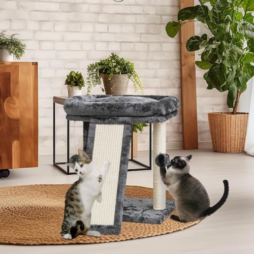 SYANDLVY Small Cat Tree with Perch, Cat Scratching Board for Indoor Cats, Scratching Post with 2 Dangling Balls, Great for Kittens (Smoky Grey) - color: Smoky Grey