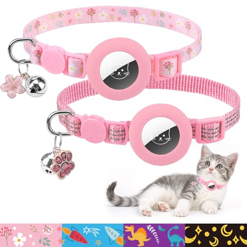 PUPTECK Airtag Cat Collar Breakaway 2 Pack with Bells, Reflective Kitten Collar with Air Tag Holder for Boy Girl Kitty and Puppies, Soft, Pink - color: Pink(Flower)