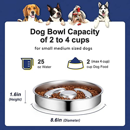 AIPERRO Slow Feeder Dog Bowl Stainless Steel, 2 Cups Metal Non-Slip Dog Food Bowls, Dogs Water Bowl for Small & Medium Sized Dogs, Fun Bloat Stop Pet Bowl for Fast Eaters, Slows Down Pets Eating - size: 2 Cups/ 1.6" Deep (Max 4Cups)