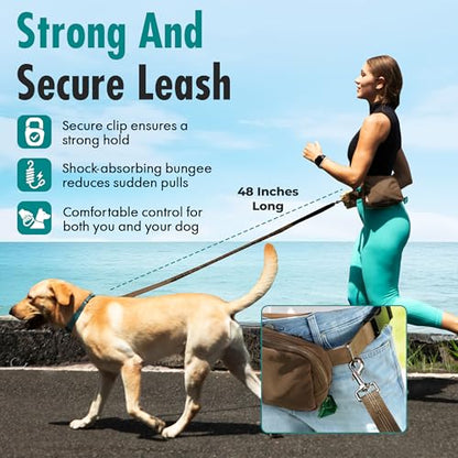 Hands Free Dog Leash with Dog Treat Pouch - Stylish & Trendy Waist Leash for Dog Walking - Wear Around the Waist or Crossbody - Durable & Detachable - Shock Absorbing - Waste Bag Dispenser - color: Caramel
