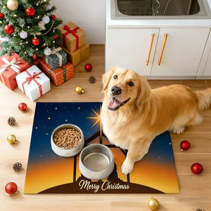 HOMETITUTE Christmas Nativity Scene Pet Food Mats Jesus Birth Design Non-Slip Pet Feeding Mat Easy Clean Fast Dry Mat for Dog Food and Water Bowls 20" x 12"Christmas Absorbent Pets Bowl Mat - color: black