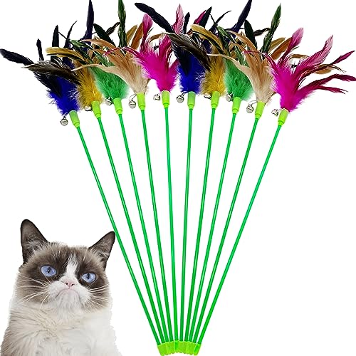 Interactive Cat Wand Feather Toys, 10 Pieces Feathers Stick Cat Toys for Indoor Cats Play - color: 10PCS Cat Wand Toys