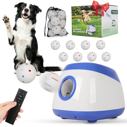 FAHKNS Automatic Ball Launcher for Large Dogs: 40/60/80FT Distance Dog Ball Thrower with Remote Control, 3 Adjustable Distances & Random Mode, 8 Pack 2.5" E-TPU Balls Included - size: 40-80FT for Large Dogs