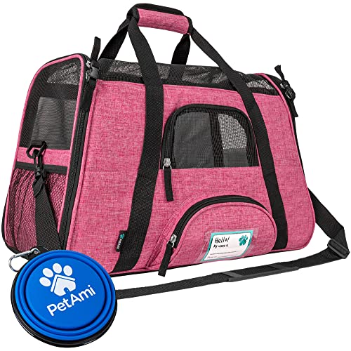 PetAmi Airline Approved Pet Carrier for Cats & Small Dogs, Soft Sided TSA Travel Carrier Bag Sherpa Bed, Breathable Mesh Ventilation, Collapsible Bowl, Fit Under Seat, Up to 18 lbs, Large Heather Pink - color: Heather Pink, size: Large - 19.5"L x 10.2"W x