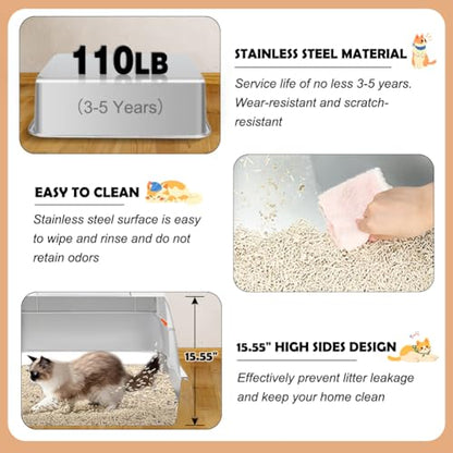 Vivifying Stainless Steel Litter Box with Lid, XL Side Entry Extra Large Litter Box for Big Cats & Kitty, Removable Enclosed Metal Cat Pan with High Sided Enclosure, Scoop, Mat, Footboard (Beige) - color: Beige