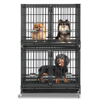Homey Pet 43 Inch Two Tiers Dog Crate Cage Kennel with Divider, Stackable Heavy Duty Dog Crate for Large Dogs, Escape Proof Indestructible Dog Kennel Indoor with Removable Tray, Lockable Wheels - size: 43"L - 2 Tiers