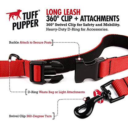 Tuff Pupper Heavy Duty Long Dog Leash | 30 Foot | Buckle Handle | Dog Recall Training Leash | High Visibility Nylon Webbing Leash | Rust Resistant Swivel Clasp/Clip Provides for Tangle Free Use - size: 30 Foot