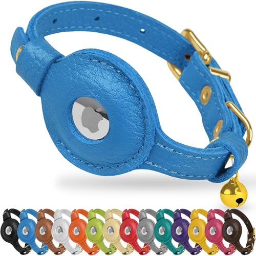 OOPSDOGGY Leather AirTag Cat Collar with Bell - Non Breakaway Kitten Collar with Apple Air Tag Holder - Lightweight GPS Pet Collars for Girl Boy Cats, Small Dogs, Puppies (Blue) - color: Blue