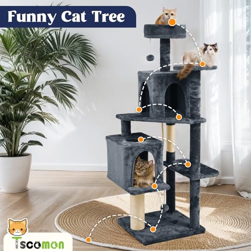 58.5inch Large Cat Tree Tower Condo for Indoor Cats, Soft Plush Multi-Level Climbing Tree Cat House, Scratching Post, More Entrance/Exit, Sisal Rope, Black Grey - color: Black Grey