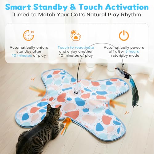 Interactive Cat Toys with Bird, Hide and Seek Cat Toy, 2 in 1 Automatic Moving Concealed Feathers for Indoor Cats, Non-Slip Suction, Touch Activated, USB Rechargeable, Blue - color: Blue-with Bird