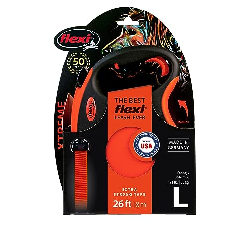 FLEXI Xtreme Tape Retractable Dog Leash for Large Dogs Upto 121 lbs. – 26 ft., Orange/Black | Tangle Free Pet Walking Leash with One-Handed Brake, Pause, Lock | German Quality Product