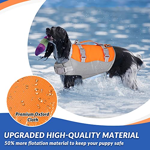 SlowTon Dog Life Jacket, Adjustable Ripstop Dog Life Vest with One Piece Belly Support Superior Buoyancy, Skin-Friendly Neoprene Pet Safety Flotation Vest for Swimming Boating(Orange M)
