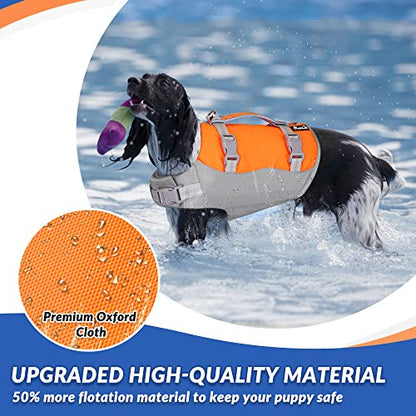 SlowTon Dog Life Jacket, Adjustable Ripstop Dog Life Vest with One Piece Belly Support Superior Buoyancy, Skin-Friendly Neoprene Pet Safety Flotation Vest for Swimming Boating(Orange M)