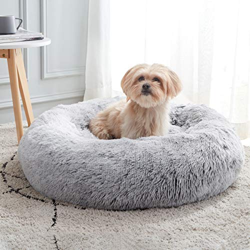 WESTERN HOME WH Calming Dog Bed & Cat Bed, Anti-Anxiety Donut Dog Cuddler Bed, Warming Cozy Soft Dog Round Bed, Fluffy Faux Fur Plush Dog Cat Cushion Bed for Small Medium Dogs and Cats - color: Light Grey, size: 24.0"L x 24.0"W x 7.0"Th