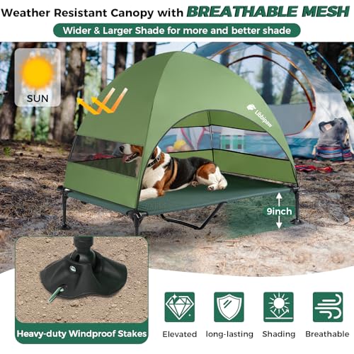 Windproof Elevated Dog Bed with Canopy & Stakes, 3-Sided 90% UV Block, Chew-Proof Teslin Mesh Mat for Large Dogs up to 150lbs(Green X-Large) - color: Green, size: X-Large