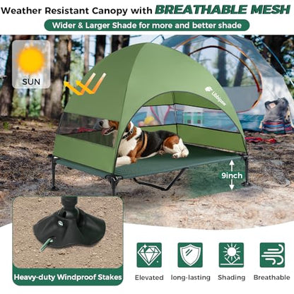Windproof Elevated Dog Bed with Canopy & Stakes, 3-Sided 90% UV Block, Chew-Proof Teslin Mesh Mat for Large Dogs up to 150lbs(Green X-Large) - color: Green, size: X-Large