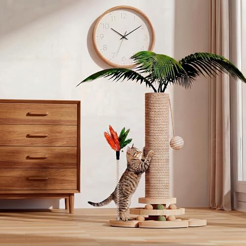 Areca Palm Cat Scratching Post Cat Scratcher Tower with 2-Layer Ball Tracks - color: Coconut