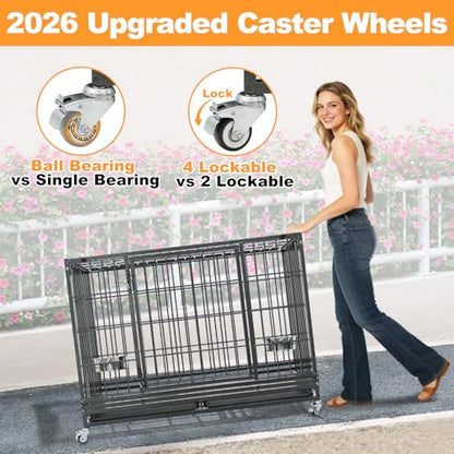 Homey Pet Large Dog Crates for Large Dogs, 47 Inch Heavy Duty Stackable Dog Cage with 2 Bowls, 4 Wheels, Double Removable Trays and Grids, Escape Proof Metal Wire Dogs Kennel Indoor - size: 47.0"L x 28.5"W x 35.0"H