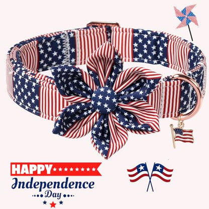 DOGWONG American Flag Dog Collar, 4 of July Dog Flower Heavy Duty Adjustable Patriotic Dog Collars with Bowtie for Small Dogs - color: American Flag B Flower, size: XS