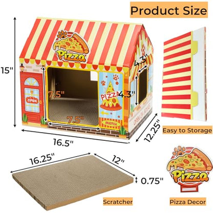 Tlence 2 Pack Cardboard Cat Houses with Scratcher, 16.5''x12.25''x15'' Cat Hideaway Playhouse, Kitty Scratching Beds for Indoor Cats, Pizza Shop Cat Furniture Condo Cave Tent for Bunny Small Animals