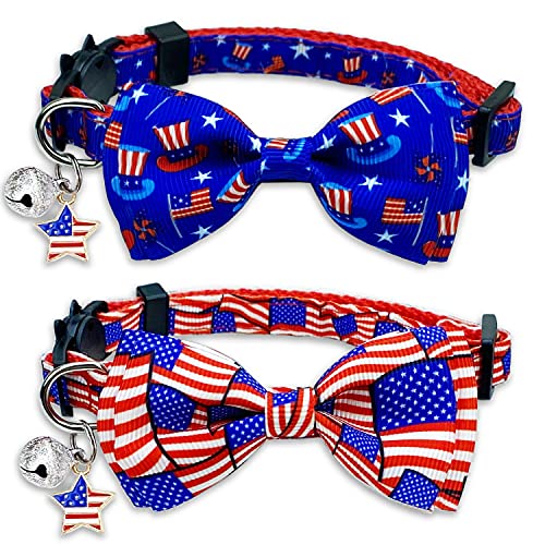 4th of July Cat Bow Tie Collar with Bell, Independence American Holiday Kitty Kitten Patriotic USA Flag Collars for Boys Girls Male Female Cats - color: Pattern 1