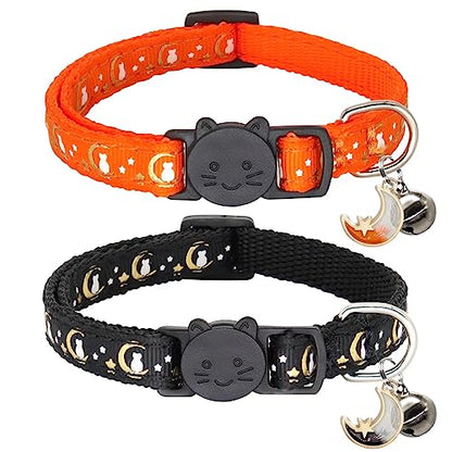 2 Pack Breakaway Cat Collar with Bells, Adjustable Moon and Star Kitten Safety Collars for Boys & Girls, Black+Orange - color: Black+Orange