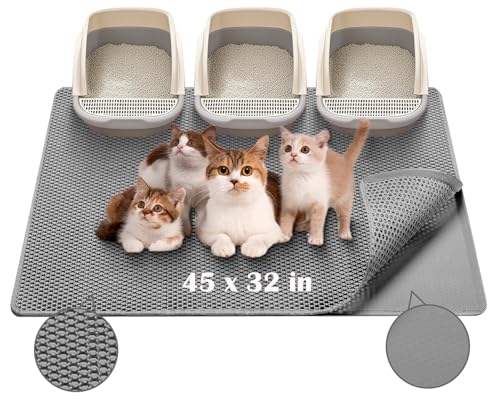 XL Cat Litter Mat - 45"x32" Extra Large, Honeycomb Double Layer Traps Litter, Washable & Urine Proof, Non-Toxic EVA for Multi-Cat Homes (Grey) - color: Grey