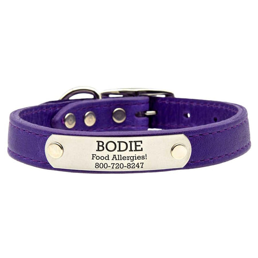 dogIDs Personalized Soft Designer Leather Dog Collar - Adjustable, Odor Resistant, Built-in Custom Laser Engraved Rivet on Name Plate - Violet - 1/2 in Wide x 7 in Neck - color: Violet, size: 1/2 in wide x 9 in (its 6-8 inch necks)