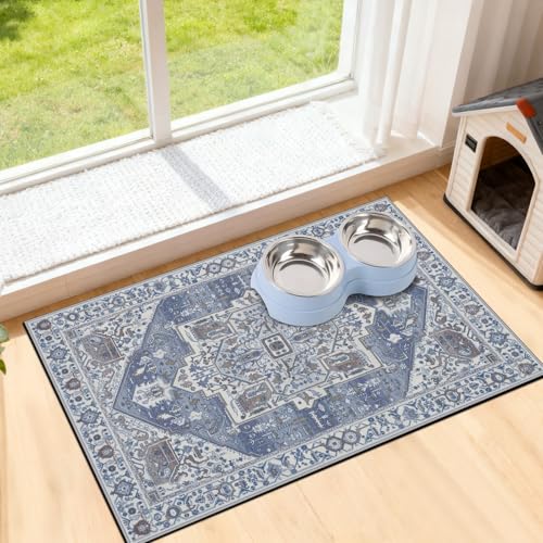 famibay Dog Food Mat, Absorbent Cat Dog Mats for Food and Water, No Stains Quick Dry Pet Cat Bowl Mats with Non Slip Backing, Boho Pet Feeding Mat for Floor Waterproof 16"x24" - color: Vintage Blue, size: M(16"×24")