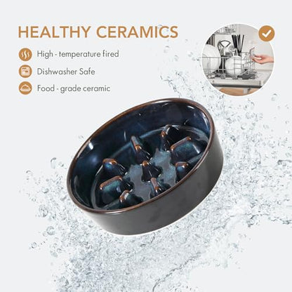 Havniva 0.9 Cup Elevated Slow Feeder Dog Bowls, 6.1” Dog Slow Feeding Bowls + 6.1” Ceramic Dog Water Bowls Set with Acacia Wood Stand, Dog Food Bowls Puzzle Feeder for Small Dogs Non-Slip Anti-choking - color: 2 x Starry Sky + Stand - C, size: S- 6.1inch